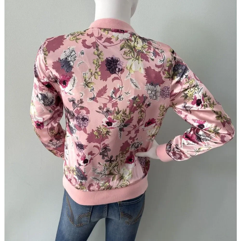 Say What Pink Satin Floral Bomber Jacket Girls size Large 14/16